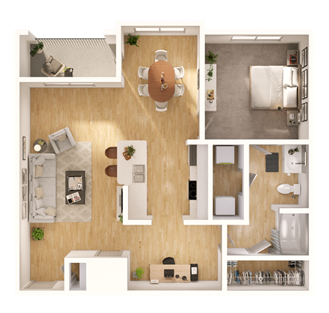 Floor plan for 1 bed, 1 bath, 1005 sqft